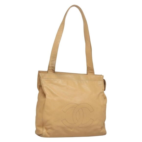 CHANEL COCO Mark Tote Bag Lamb Skin Beige Silver CC Auth 132122 - Picture 1 of 16